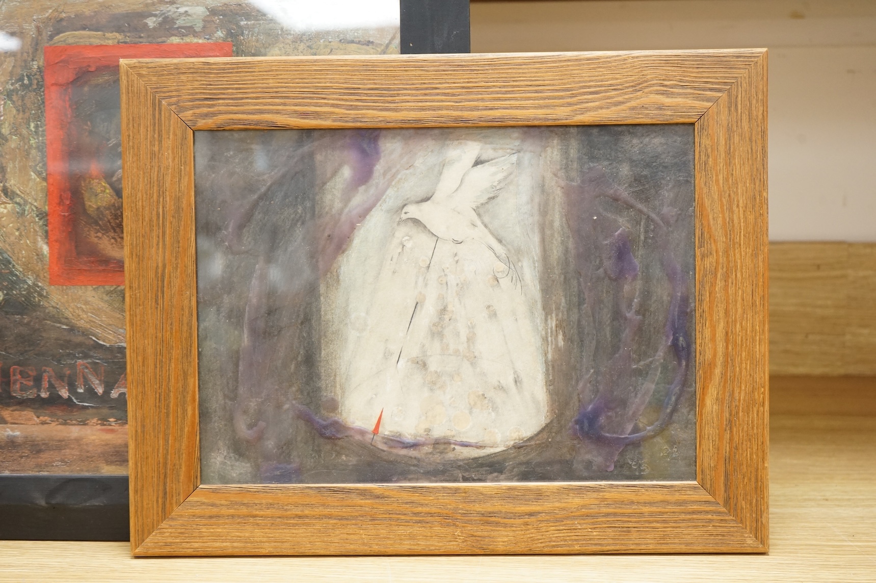 Two abstract compositions to include a dove, indistinctly initialled and dated '95, mixed media and oils, largest 33 x 34cm